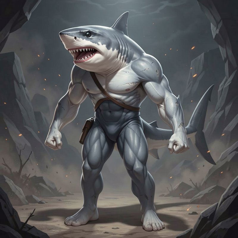 Muscular anthropomorphic great white shark warrior stands ready in a rocky battle ravine