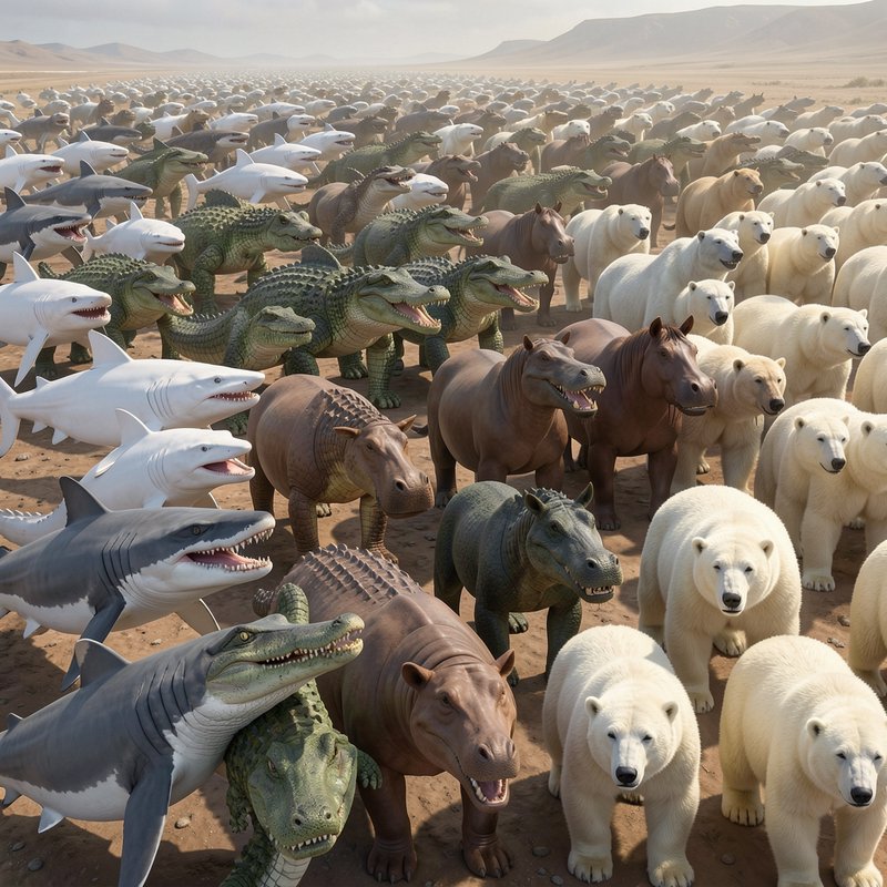 Dense orderly herd of uncanny hybrid fantasy animals stands across a vast arid desert plain
