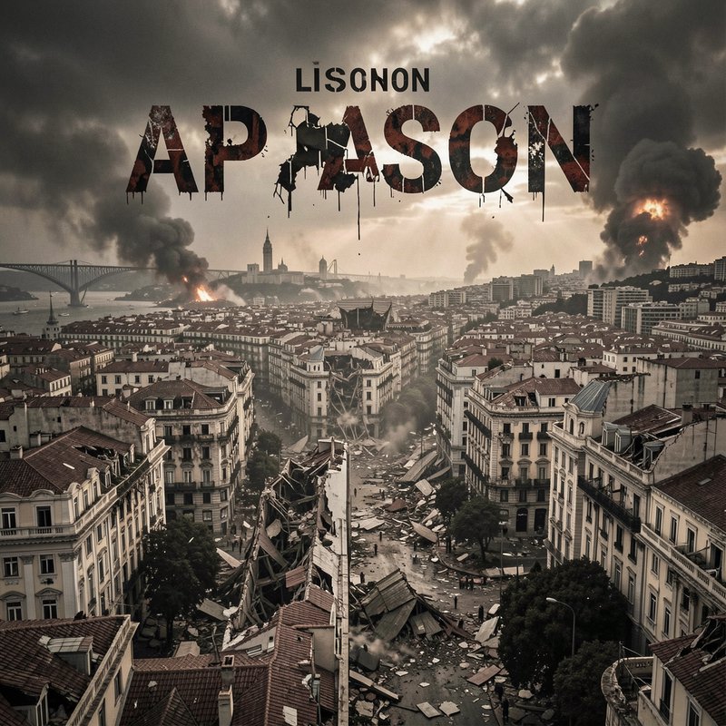 Post-apocalyptic ruined Lisbon cityscape with burning explosions, collapsed buildings, and styliz...