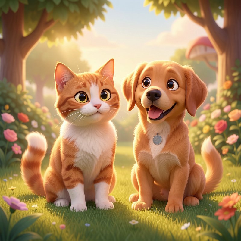Cute orange tabby cat and happy golden puppy sit side by side in a sunlit blooming garden