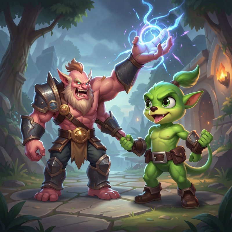 Muscular pink troll casting lightning magic shakes hands with a small green goblin on a misty for...