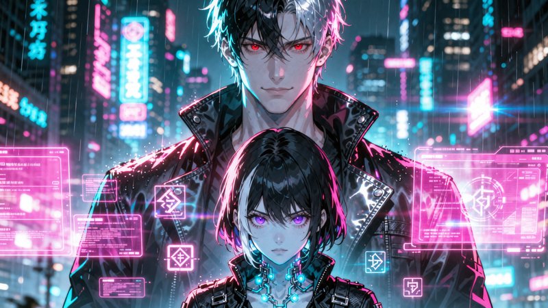 Neon-lit anime duo in a rainy cyberpunk city with holographic interfaces and glowing neon accents.