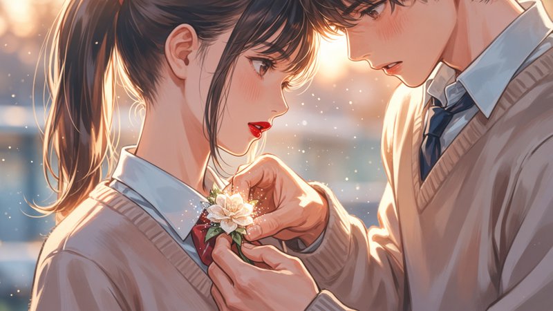 Anime-style couple; a boy pins a white flower boutonniere on a girl’s school-uniform lapel in war...