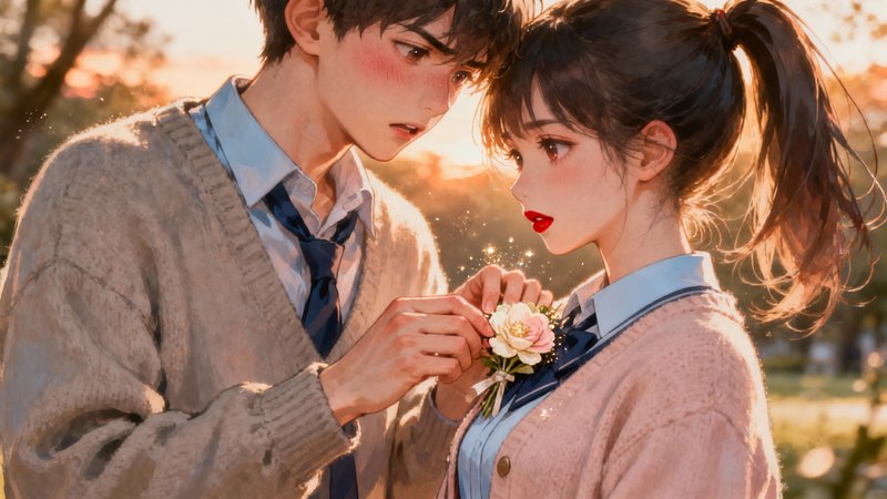 Young couple in soft school uniforms sharing a flower boutonniere in warm sunset light.