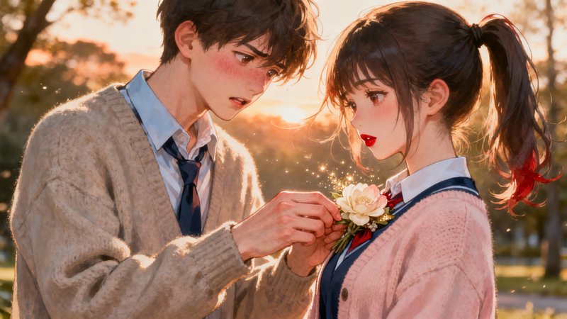 Two anime-inspired teens, a boy pinning a flower on a girl's cardigan at sunset.