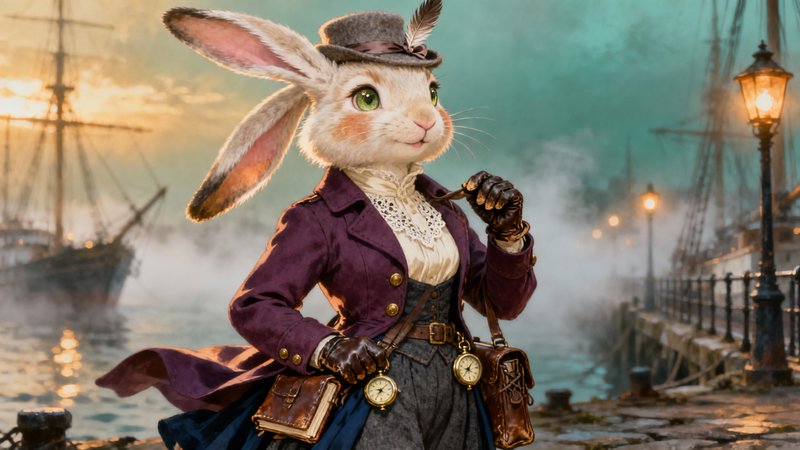 Anthropomorphic rabbit in steampunk Victorian outfit at a foggy harbor with ships.