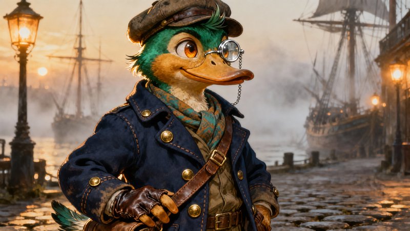 Steampunk duck character in a navy coat with monocle at a foggy harbor full of tall ships.