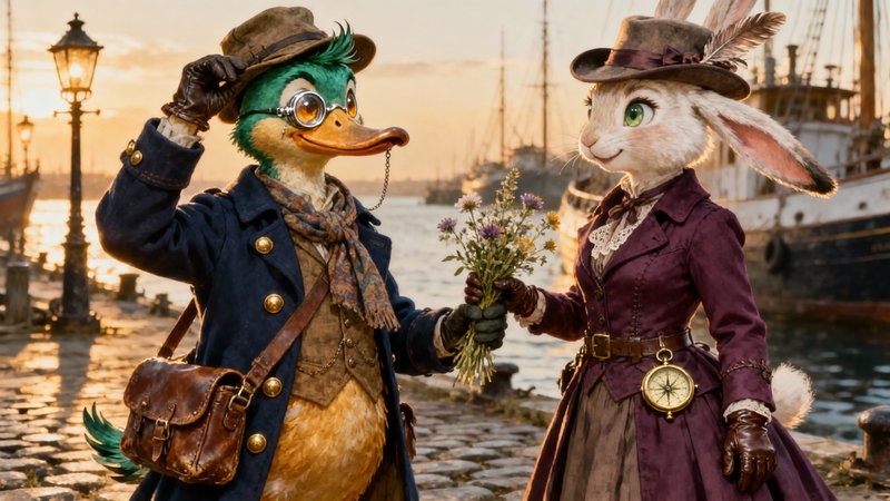 Steampunk duck and rabbit in vintage outfits exchanging flowers by a harbor at sunset.