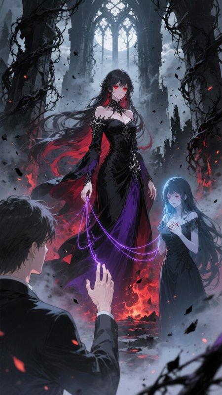 Gothic fantasy scene featuring a dark-haired vampire woman in a black gown with red eyes, surroun...