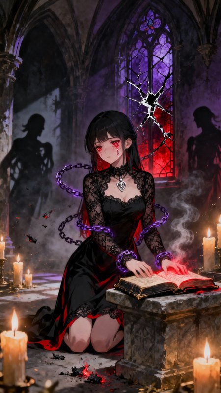 Gothic anime girl in a black lace dress kneels by a candlelit altar with an open book.