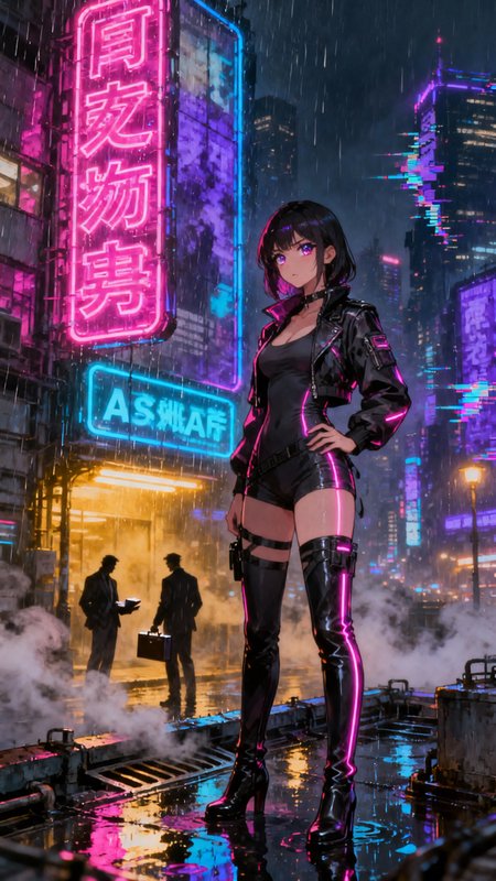 Cyberpunk anime girl in a shiny black outfit with neon pink trim standing in rain on a neon-lit s...