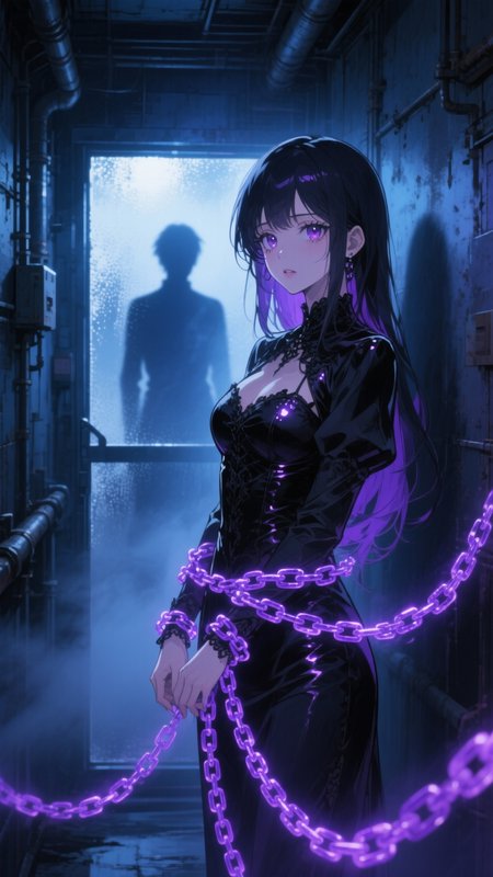 Anime girl in a black latex dress with glowing purple chains in a dim industrial corridor; shadow...