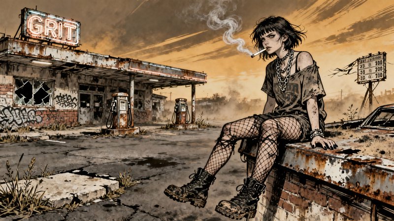 Grunge punk girl in fishnet stockings and boots sits on a rusty ledge beside a dilapidated gas st...