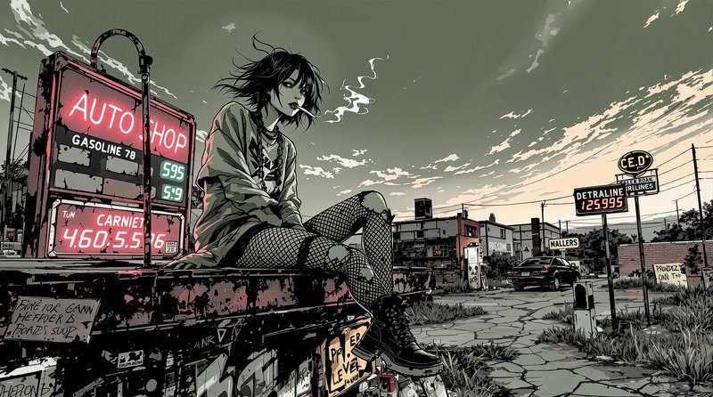 Grunge illustration of a person sitting on a roadside ledge beside a neon auto shop sign at a des...