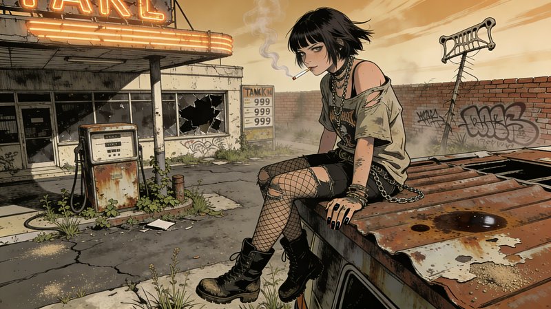 A punk girl with black hair sits on a rusted car hood at a deserted gas station, smoking as graff...