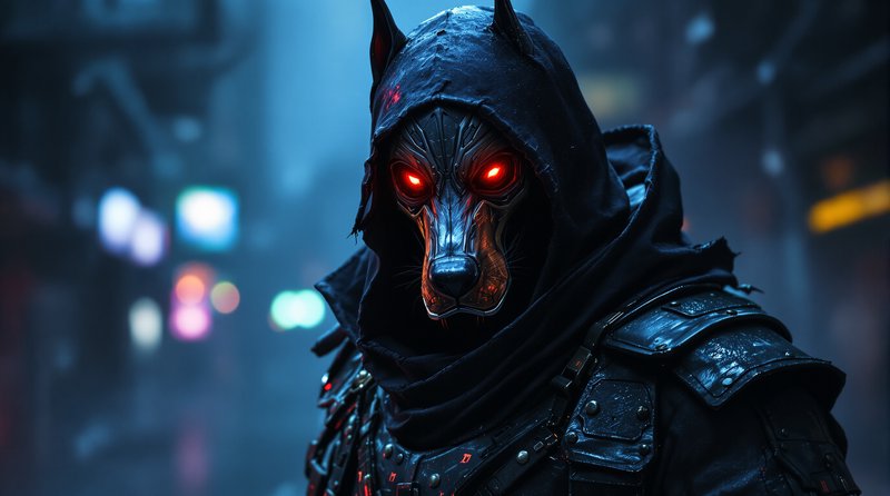 Hooded armored wolf with glowing red eyes in a dark, neon-lit urban setting.