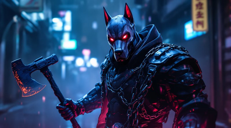 Futuristic armored wolf-warrior with glowing red eyes holds a blood-streaked battle axe in a neon...