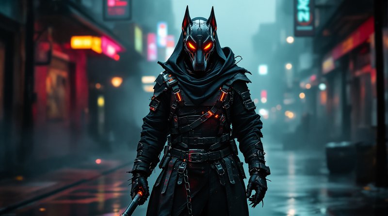 Dark armored figure with glowing red eyes in a neon-lit, rainy city street.