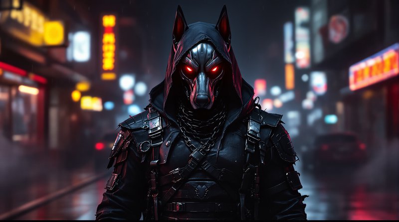 Dark armored figure with a hood and glowing red eyes stands in a neon-lit, rainy city street.