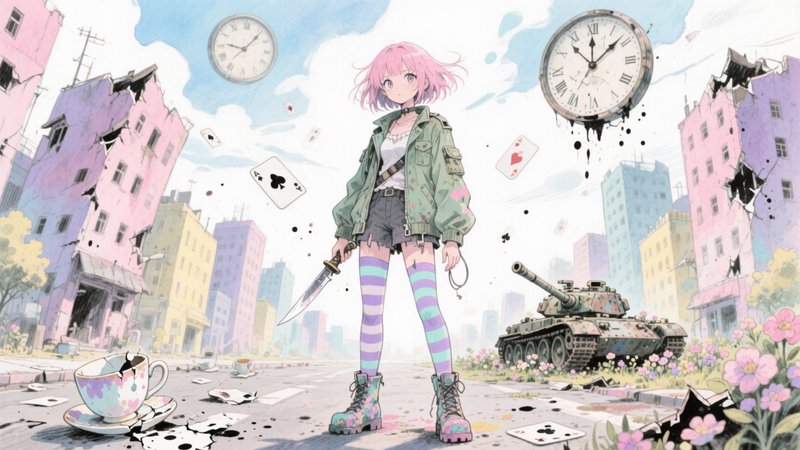 Anime-style pink-haired girl in a green jacket and striped leggings stands amid a ruined city wit...