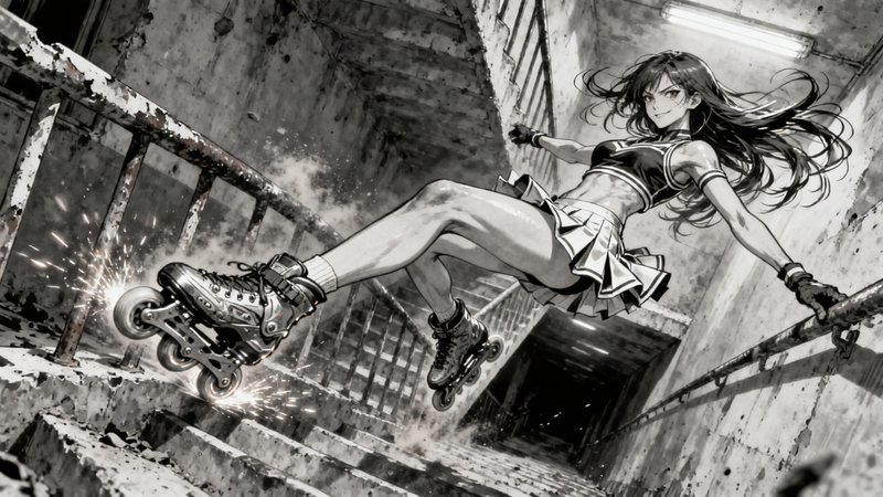 Stylized anime girl rollerblading through a gritty concrete stairwell, mid-air in an action pose.