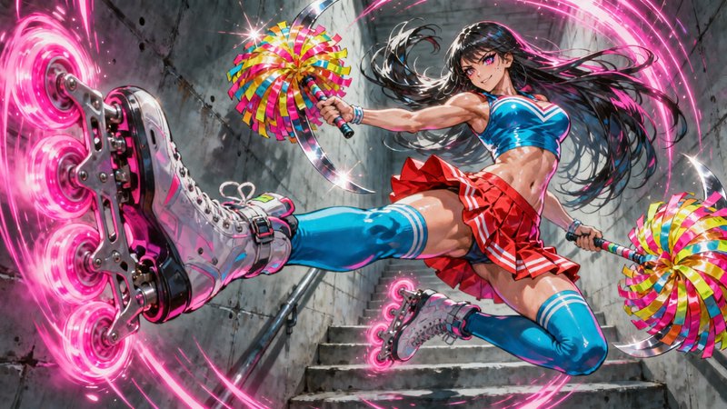 Dynamic anime cheerleader roller-skater mid-air kick with pink neon energy rings.