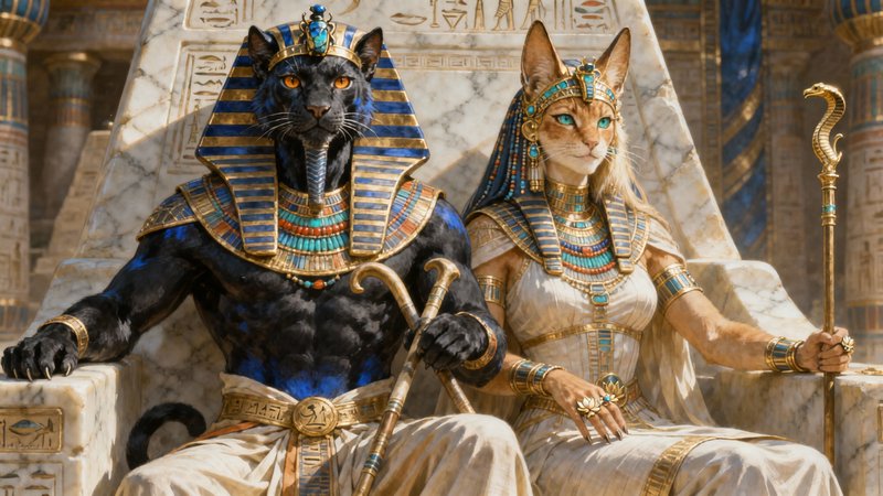 Egyptian-themed panther and cat queen seated on throne in royal attire