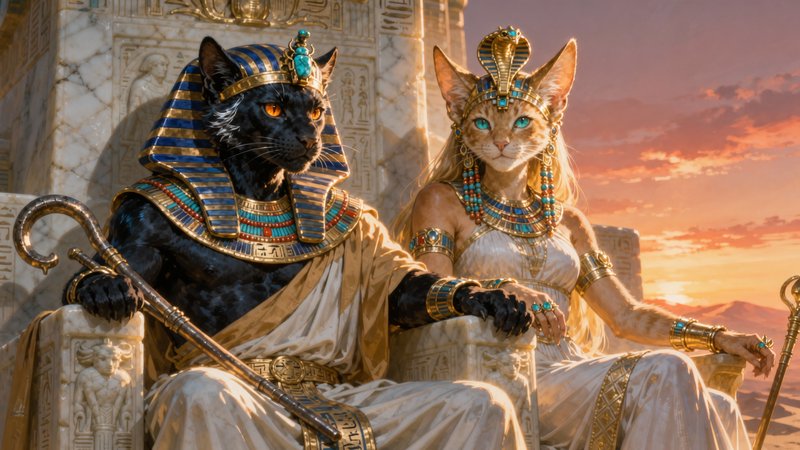 Two regal humanoid cats in Egyptian royal attire sit on a stone throne at sunset.