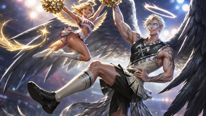 Dynamic fantasy scene of two winged athletes mid-air: a cheerleader woman and a tattooed male wit...