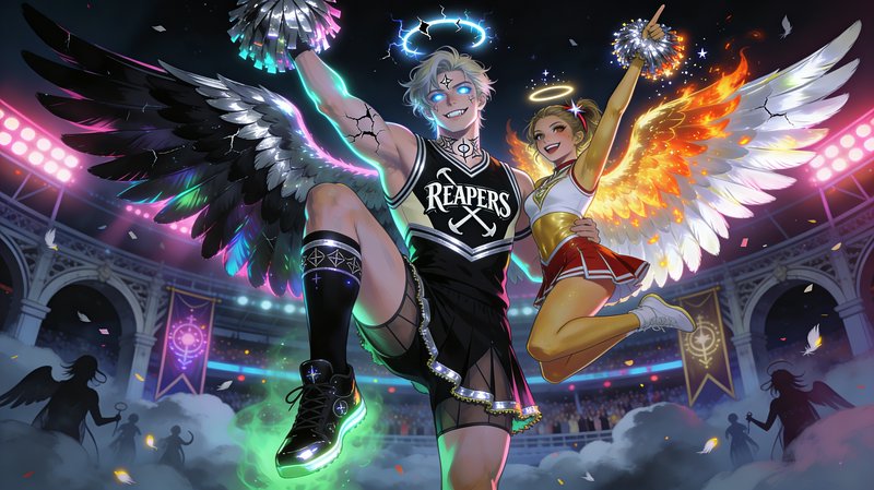 Two winged athletes cheer in a neon stadium; a blue-haired male in a Reapers jersey and a golden-...