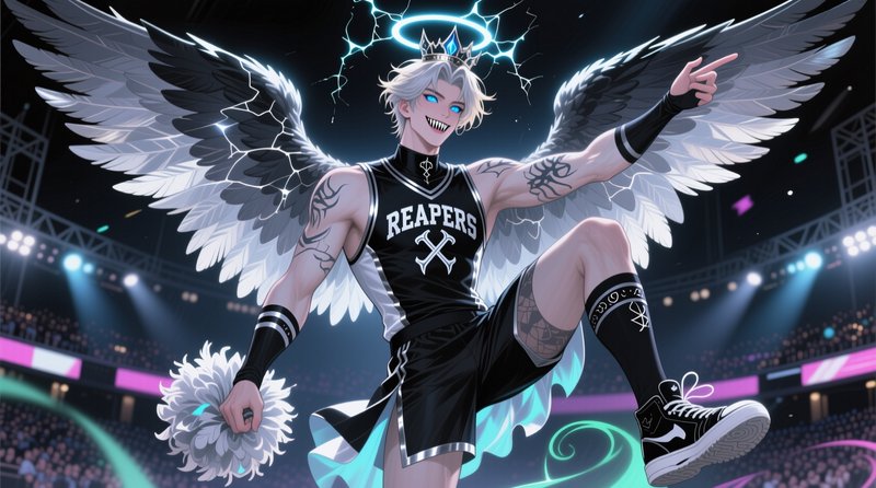 Angelic basketball player with white wings, crown, and neon halo posing dynamically in a stadium.