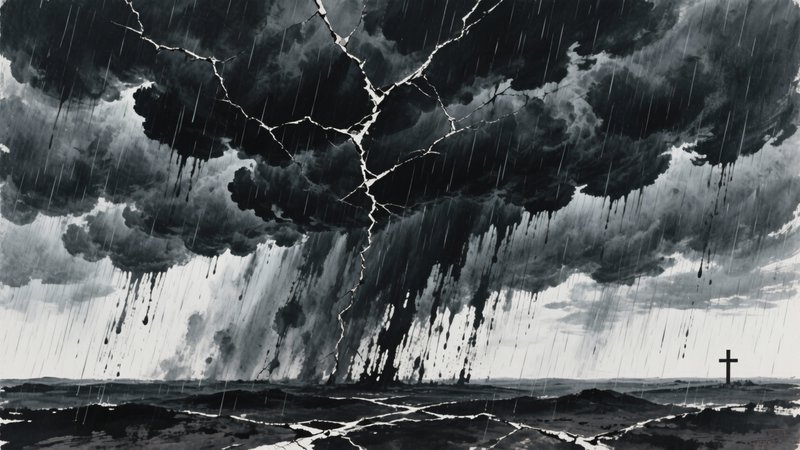 Dark storm clouds with jagged lightning over a barren landscape and a distant cross on the horizon.