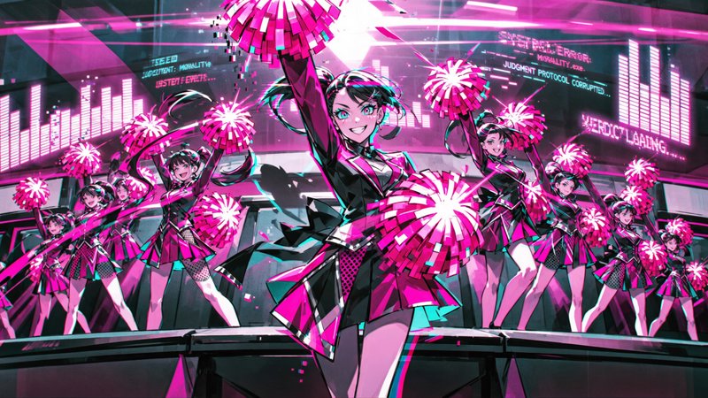 Group of neon-pink cheerleaders performing on a futuristic stage with glowing pom-poms.