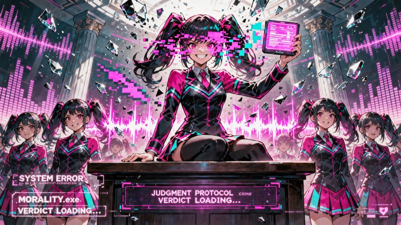 Anime-style girl with twin ponytails in a pink-black uniform leading a digital verdict ceremony a...