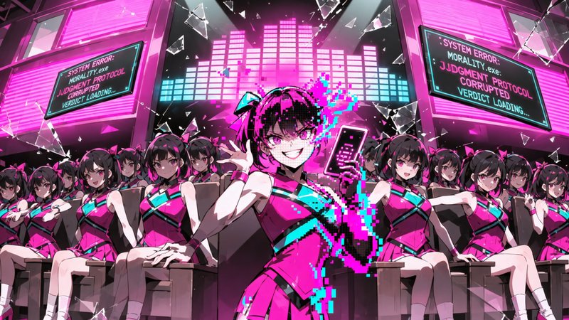 Central anime DJ in pink outfit with glitch effects among a row of dancers on a neon-lit stage.