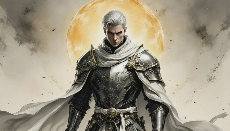 Fantasy armored knight with white cape under a large golden full moon.