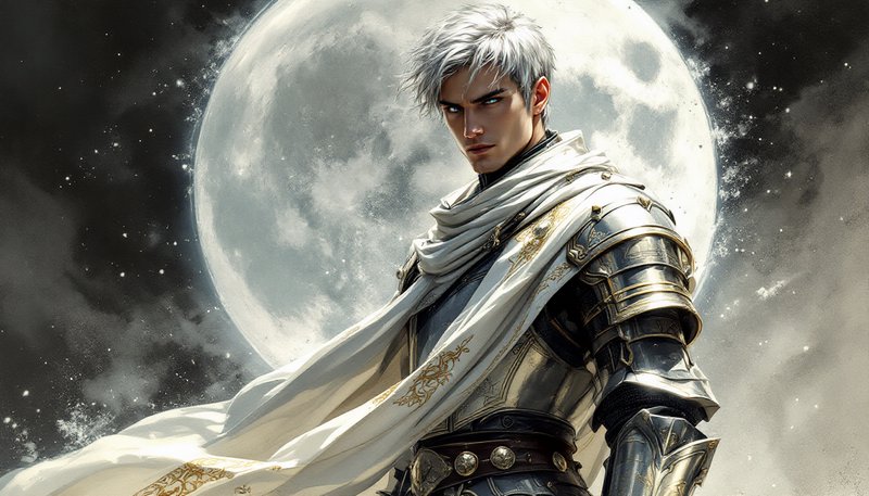 Stylized fantasy warrior in ornate armor under a bright full moon