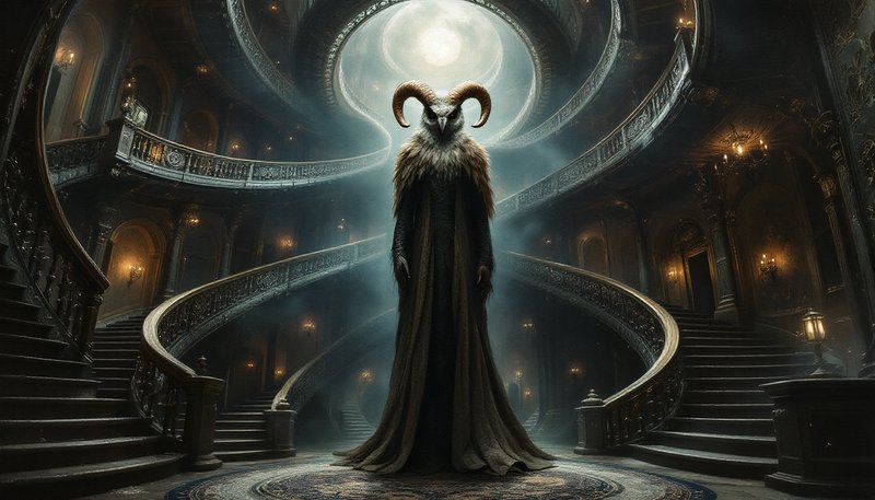 Horned, cloaked figure stands on a grand spiraling staircase in a dim, gothic hall.
