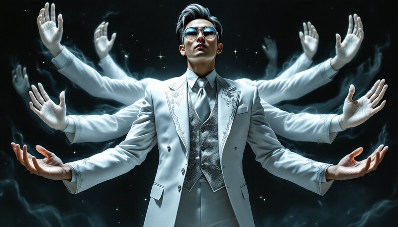 Man in a white suit with multiple ghostly arms radiating behind, set against a dark cosmic backdrop.