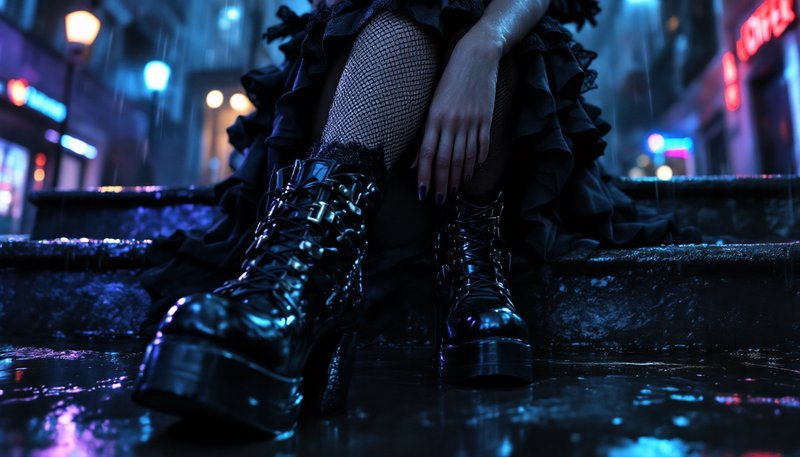 Close-up of black gothic boots and fishnet stockings on wet city steps at night