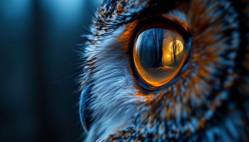 Close-up of an owl's eye reflecting a misty forest path with warm lantern light.