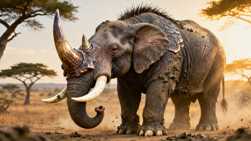 A battle-scarred elephant with long tusks stomping through a dusty savanna at sunset.
