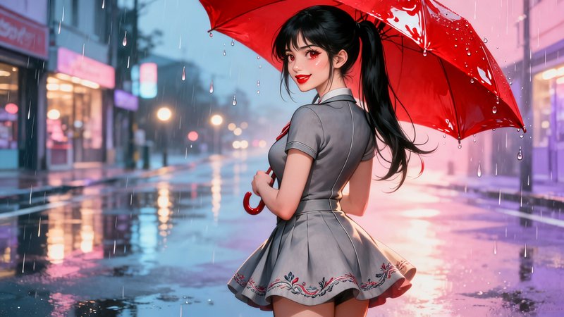 Anime-style woman in a gray dress under a red umbrella in a rainy urban street at night