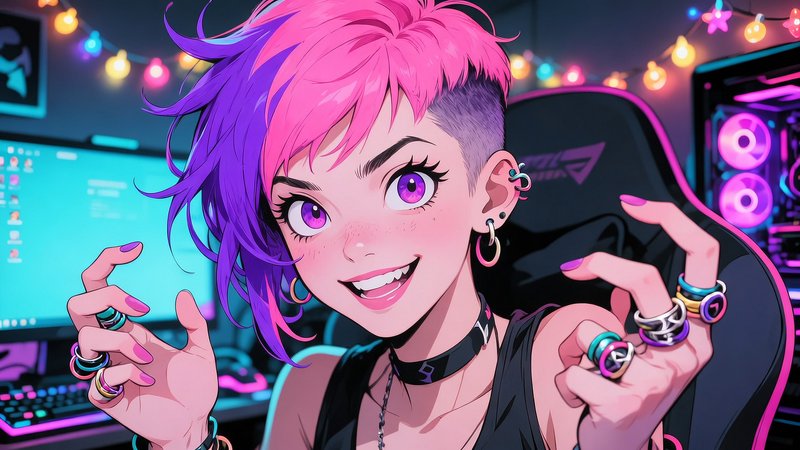Anime-style girl with pink and purple hair in a neon-lit gaming setup.