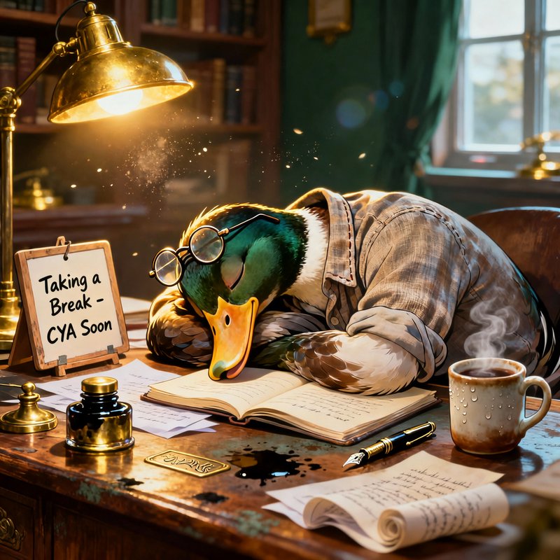 Exhausted duck wearing glasses rests on a cluttered vintage desk with an open notebook and coffee...