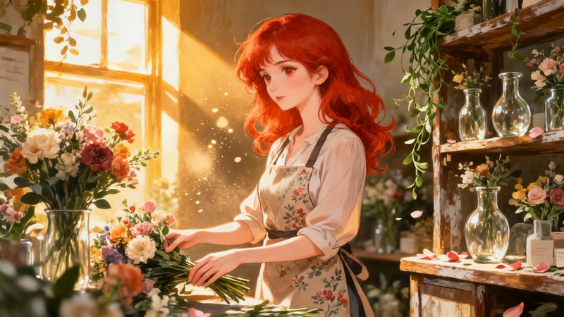 Illustrated red-haired woman in a floral apron arranging a bouquet in a sunlit flower shop.
