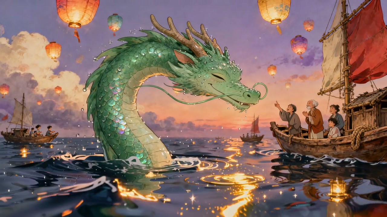 Green sea dragon rises from waves at sunset among lanterns and boats.