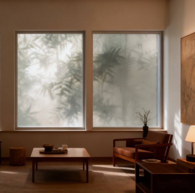 Minimalist living room with frosted windows casting plant shadows.
