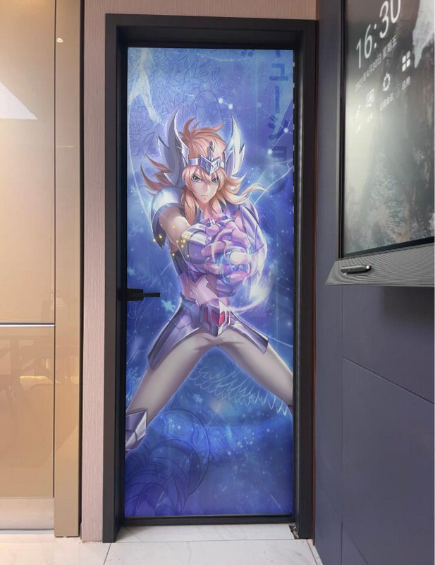 Door featuring vibrant anime artwork of an armored warrior against a blue cosmic background.