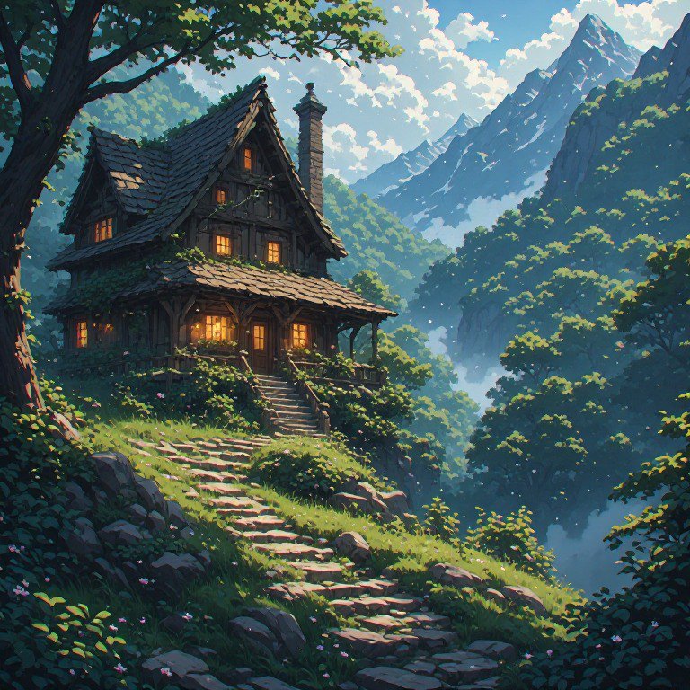 Cozy wooden cottage on a stone path in a lush mountain valley with snowy peaks